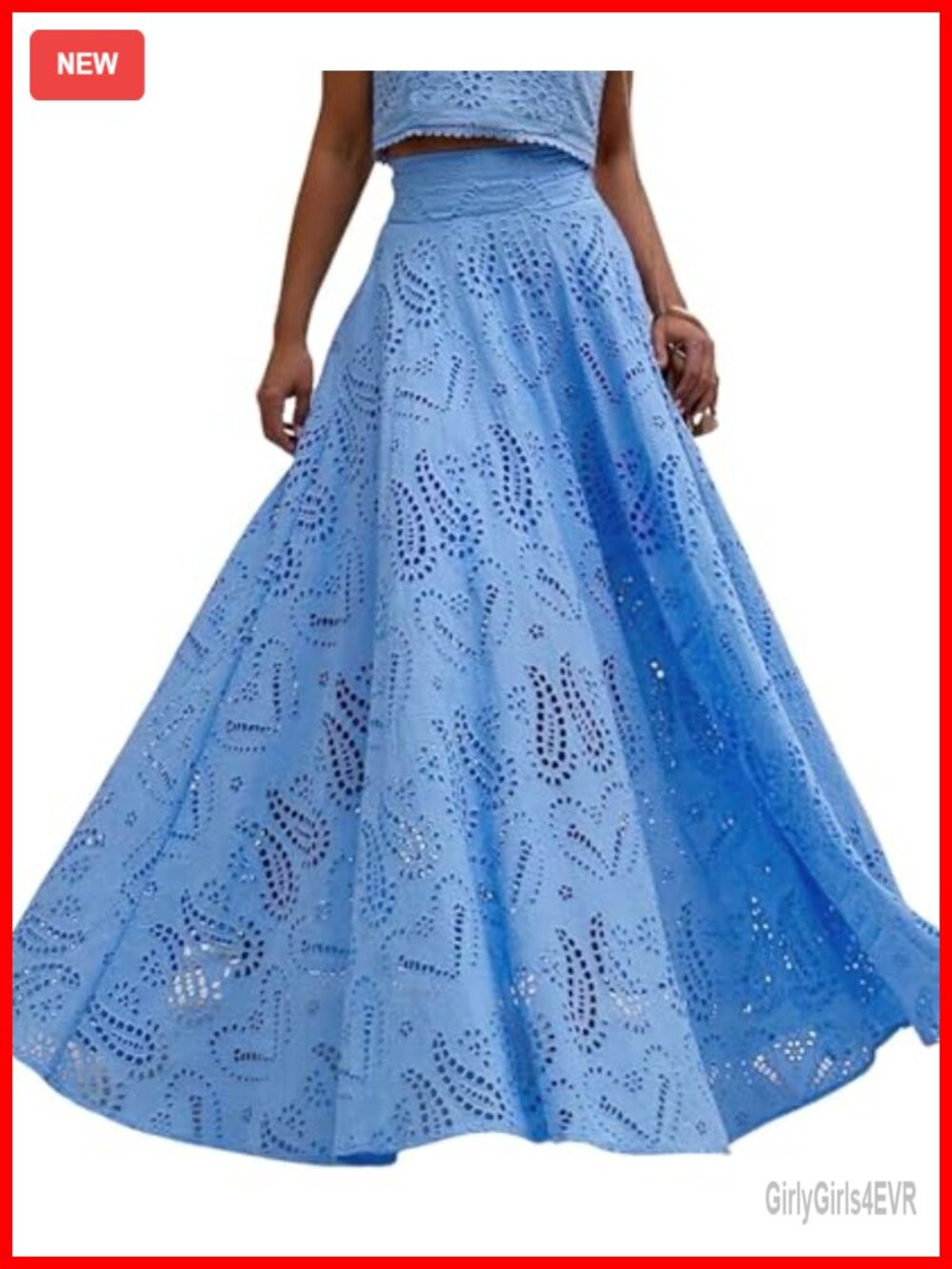 Eyelet Maxi Skirt High Waist Smocked A-Line Long with Pockets